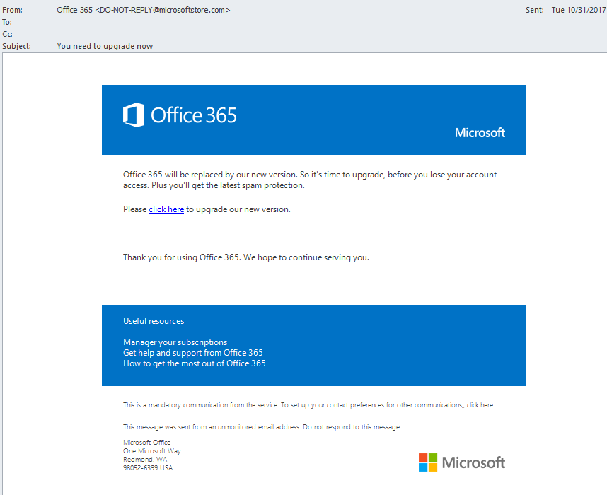 You need to upgrade now - Office 365 Spam - Watch out!